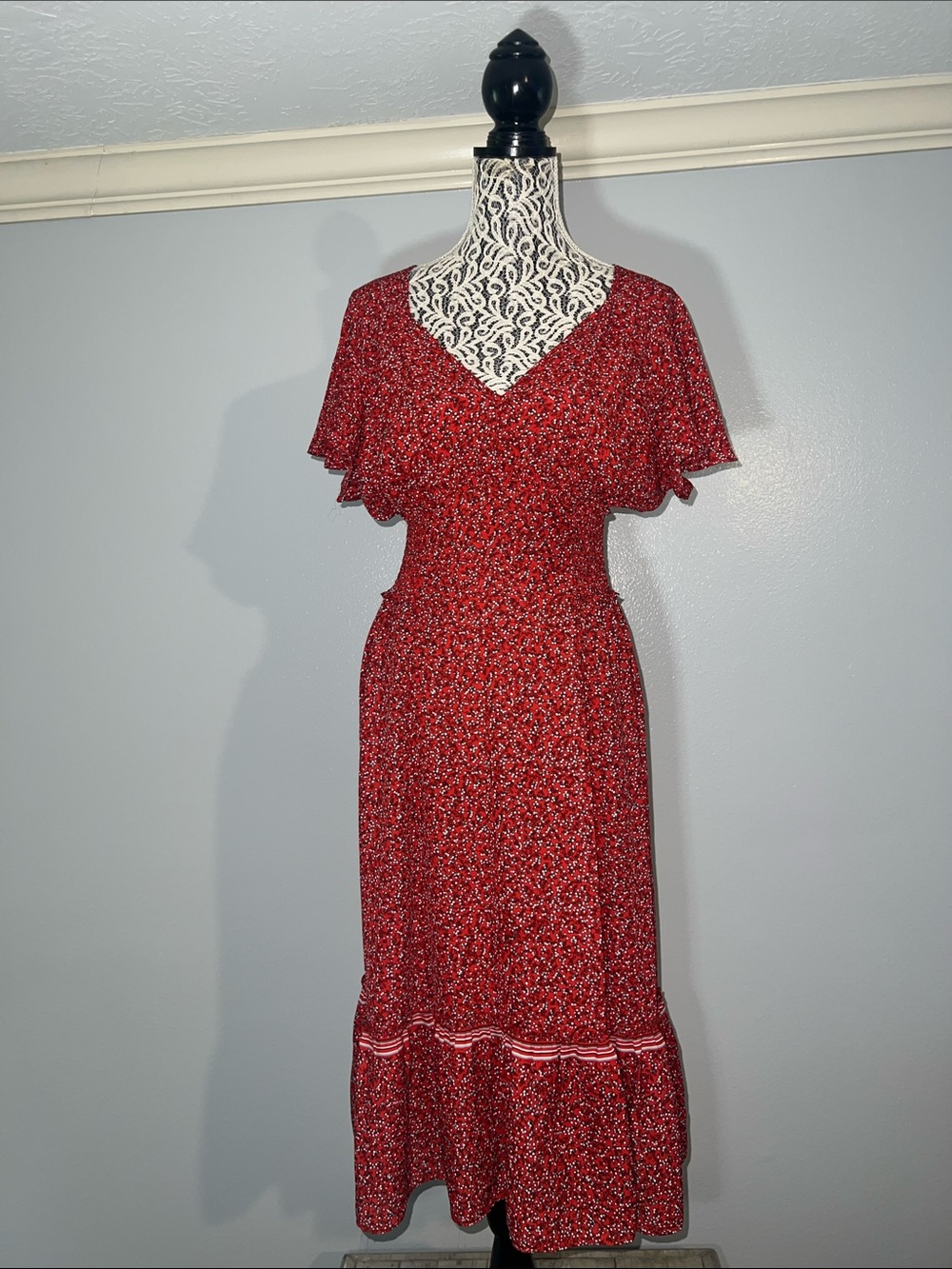 Red Floral V-Neck Ruffle Midi Dress